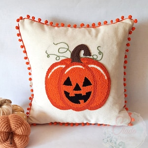 Fodera per cuscino con zucca di Halloween Punch Needle: cuscino in lino trapuntato a mano (16x16)