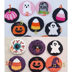 May include: Ten colourful felt ornaments with Halloween themes. The ornaments are round and feature various designs, including a ghost, a pumpkin, a spider, a candy corn, and a witch's hat.