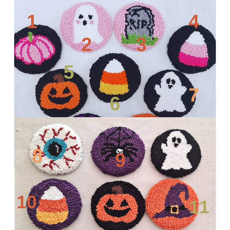 May include: Ten colourful felt ornaments with Halloween themes. The ornaments are round and feature various designs, including a ghost, a pumpkin, a spider, a candy corn, and a witch's hat.