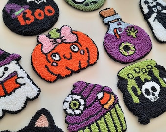 Handmade Halloween Punch Needle Coasters: Spooky Mug Rug Set