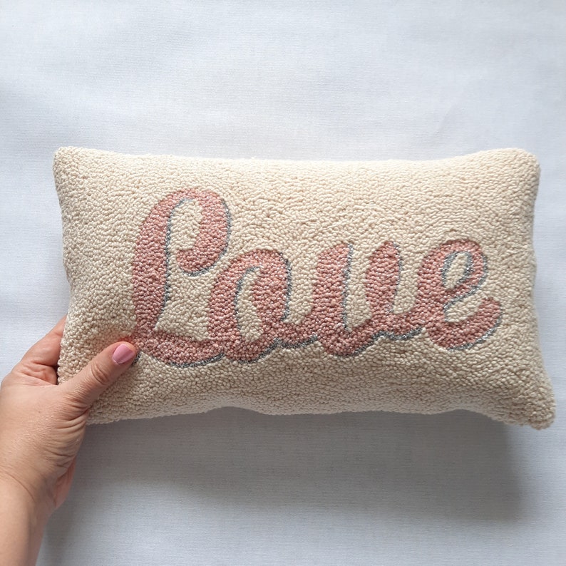 Pink Color Love Punch Embroidered Mini Pillow, Valentine's Day Pillow Gift, Love Lettering Mini Punch Pillow image 2