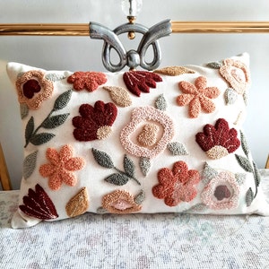 Decorative Flower Pillow Cover, Abstract Floral Punch Needle Pillow, 14x 20 Burdungy Cushion Case,  Home Decor for Mom, Unique Gift