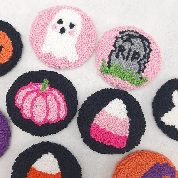 Handmade Halloween Car Coasters, Punch Needle Embroidered, Set of 2