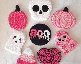 Pink Halloween Punch Needle Coaster, Spooky Decor