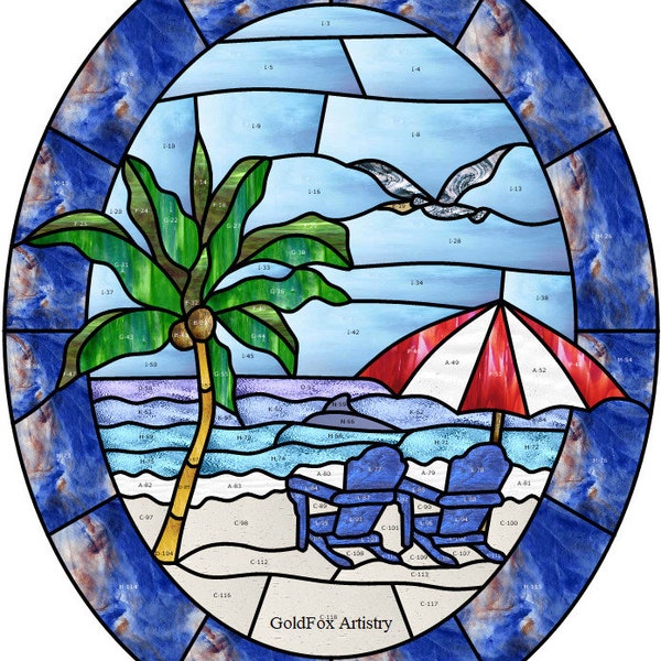 GoldFox Artistry, Beach Chairs on the shore Stained Glass Pattern PDF download