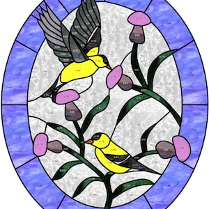May include: A stained glass window design featuring two yellow birds perched on a branch with green leaves and purple flowers. The birds are surrounded by a blue and white border.