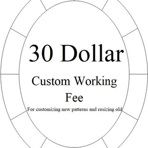 May include: A white circle with a black border and eight sections. The text "30 Dollar Custom Working Fee" is written in black inside the circle. The text "For customizing new patterns and resizing old" is written in black below the circle.