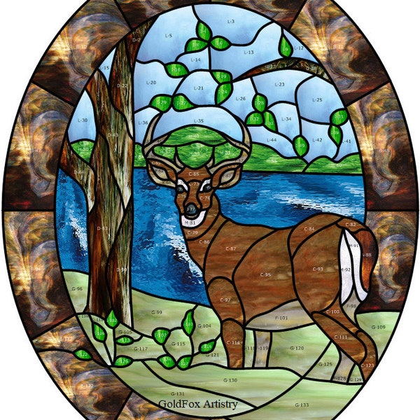 Art artistique GoldFox, Deer by the Lake, motif de vitrail, téléchargement PDF