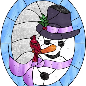 May include: A stained glass window design featuring a snowman with a black top hat, a red cardinal, and a holly sprig. The design is set against a blue background with purple and orange accents.