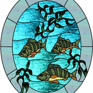 GoldFox Artistry, Three Perch fish in the weeds, Stained Glass Pattern, PDF download