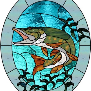 May include: A stained glass design of a fish swimming in blue water. The fish is green, brown, and white. The design is divided into many small pieces of glass, each with a number on it. The text "GoldFox Artistry" is at the top of the design.