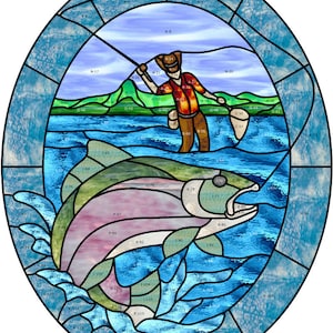 May include: A stained glass artwork depicting a fisherman casting a line in a blue lake with a large fish jumping out of the water. The artwork is in an oval frame and features a variety of colors, including blue, green, pink, and brown.