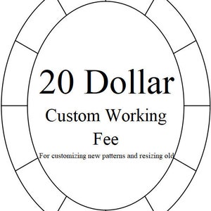 Puede incluir: Un gráfico circular en blanco y negro con el texto "20 Dollar Custom Working Fee" y el texto "For customizing new patterns and resizing old".