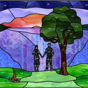 GoldFox Artistry, sylwetka mężczyzny i kobiety o zachodzie słońca, wzór witrażu w dół