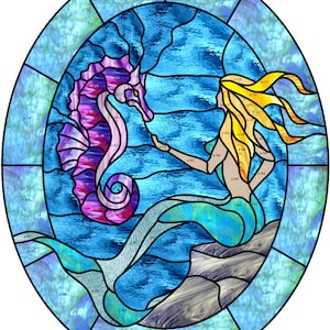 GoldFox Artistry, Mermaid and Sea Horse, Stained Glass Pattern, PDF download