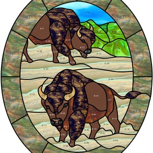 May include: A stained glass window design featuring two brown bison with a blue sky and green hills in the background. The design is divided into many individual pieces of glass, each with a unique color and pattern. The glass pieces are arranged in a way that creates a realistic depiction of the bison.