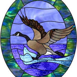 May include: A stained glass window design featuring a goose flying over a blue and white water scene. The goose is brown and white with a long neck and a long beak. The water is made up of many small pieces of glass in shades of blue and white.