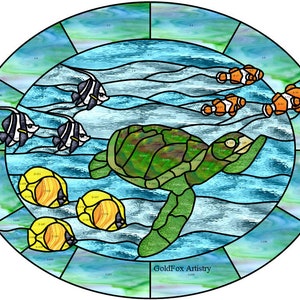 May include: A stained glass window design featuring a green sea turtle swimming in blue water with orange and white fish, yellow butterfly fish, and the text "GoldFox Artistry".