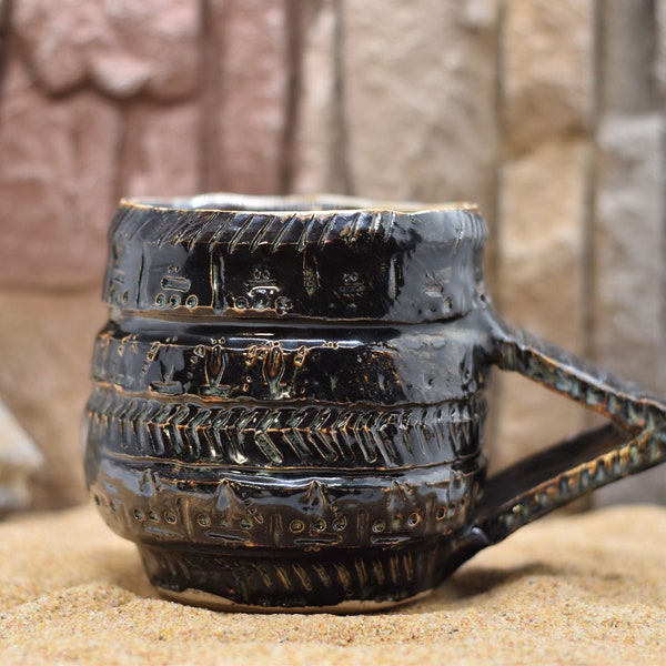 Unique Ceramic Mug, Neo Ancient, Handmade, Wheel-thrown, Natural, Patterns, Coffee Mug, Food safe, Unusual handle