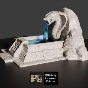 May include: A detailed, off-white cobra fountain with blue water cascading into a rectangular basin. The fountain is made of stone-like material and features intricate carvings. The base has a decorative design. The image includes the text "HERO'S HOARD" and "Officially Licensed Printer".