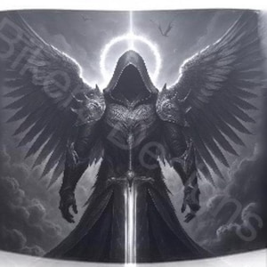 May include: A black and white illustration of a hooded figure with large wings, holding a sword. The figure is surrounded by a halo and set against a cloudy background. The image has a gothic or fantasy theme.