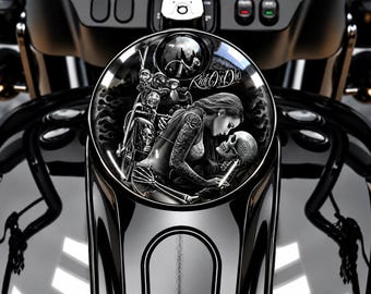 May include: A circular motorcycle fuel tank console cover featuring a black and white graphic of a person with tattooed arms embracing a skull. The text Ride Or Die is printed in a script font above the figures, with a motorcycle in the background.