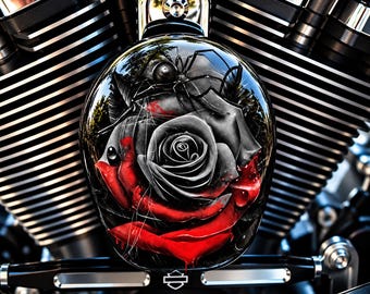 May include: A motorcycle air cleaner cover featuring a detailed airbrushed graphic of a black and white rose with vibrant red petals and a spider perched on top, mounted on a black engine block with silver cooling fins and a Harley-Davidson logo.