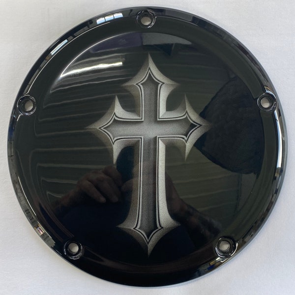 thumbnail image 2 of Generic Black Raised Flame 5-Hole Primary Derby Cover For Harley Big Twin 1999-2015 – Left Side, Universal Fit 2 of 3