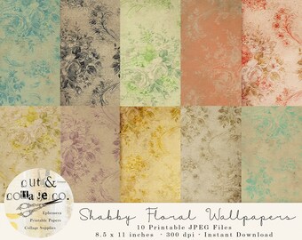 Shabby FLORAL WALLPAPERS Printable Junk Journal Papers Collage Kit, 10 Printable Sheets, Grunge Pretty Muted Multi Color Palette