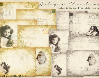 Antique Girls Christmas Printable Junk Journal Papers 6 Color PLUS Sepia Vintage Inspired Pages for Crafts, Scrapbooking, Art Books