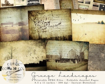 Grunge LANDSCAPES Printable Junk Journal Collage Kit, Vintage Farmhouse Inspired Artist Papers for Crafts, Scrapbooking, Art Books, 9 Sheets