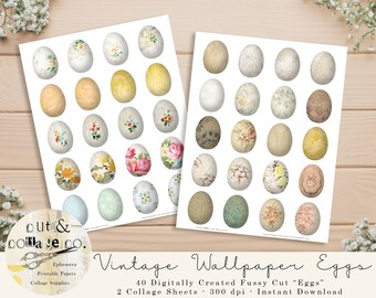 Vintage Wallpaper Eggs 40 Fussy Cut Images, 2 Printable Easter Collage Sheets Junk Journals, Scrapbooking, Collage Art, Spring Paper Crafts