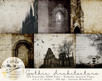 Gothic Architecture Printable Junk Journal Papers, Vintage Inspired Halloween Art Pages for Crafts, Scrapbooking, Bookmaking, 6 Sheets