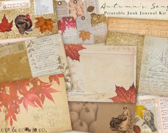 Autumn's Song Printable FALL Junk Journal Kit, INCLUDES 10 Printable Artist Page Files, Journal Pages, Tags, Vintage Ephemera Collage Sheets