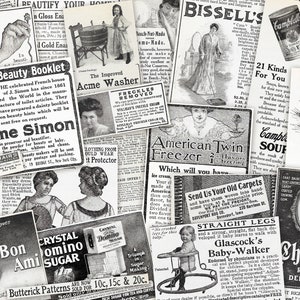 Printable Early 1900&#39;s B&W Victorian Advertisements for Junk Journals, Collage Art, Crafts, INCLUDES 60+ Images on 11 Collage Sheets