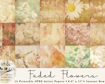 Faded Flowers, 15 Printable JPEG Artist Papers, Distressed Floral Paper Designs for Junk Journals, Collage Art, Scrap Booking, Crafts