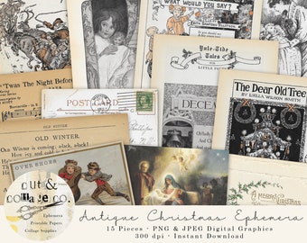 Vintage CHRISTMAS Digital Holiday Papers & Ephemera for Junk Journals, Scrapbook, Collage Art INCLUDES 15 High Res Antique Images