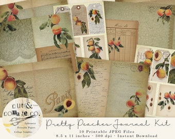 Pretty PEACHES Printable Junk Journal Paper Kit, INCLUDES 10 Printable Vintage Inspired Pages, 8 Two Page Spreads and 2 Collage Sheets