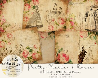 Pretty Maids & Roses Printable Artist Journal Papers, Vintage Godey Fashionable Women Art Pages for Junk Journals, Collage, Art Book, Crafts