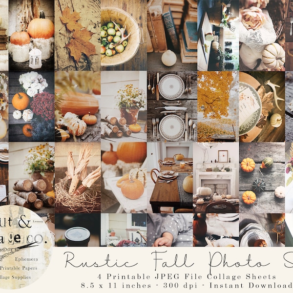 Rustic Fall Photography Collage Sheets, Autumn Farmhouse  Photos Set of 32 Images on 4 Pages for Journals, Collage Art, Crafts, Mood Board