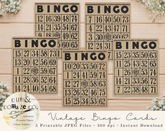 Vintage Printable Aged BINGO Game Cards, 5 Designs for Junk Journals, Collage Art, Scrapbooking, Altered Art, Crafts, Instant Download