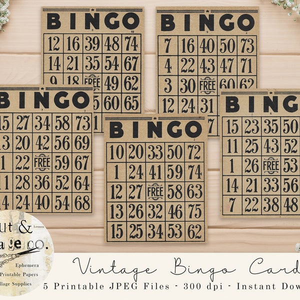 Vintage Printable Aged BINGO Game Cards, 5 Designs for Junk Journals, Collage Art, Scrapbooking, Altered Art, Crafts, Instant Download