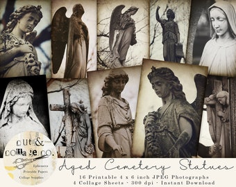 Cemetery Statues Gothic Religious Photo Collection for Junk Journals, Scrapbooking, Collage Art, 16 Printable Images 4 Collage Sheets