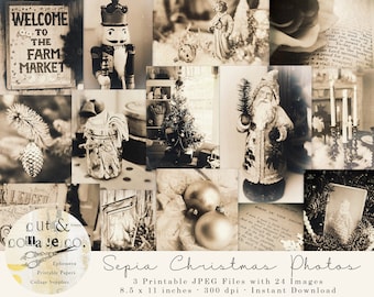 Sepia Vintage Inspired Christmas Photography Collage Sheets for Junk Journals, Scrapbooking, Art, Crafts, Decoupage | INCLUDES 24 Images