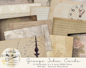 Printable Grunge INDEX CARDS, 15 Aged Paper Digital Designs for Junk Journals, Collage Art, Crafts, Scrapbooking, 3x5 in Individual Designs