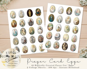 Vintage Prayer Card Eggs 40 Religious Fussy Cuts, 2 Printable Easter Collage Sheets Junk Journals, Scrapbooking, Collage Art, Paper Crafts
