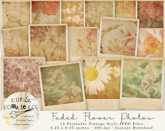 Faded Flower Retro Style Photos, 15 Printable Instant Camera Inspired Floral Photographs for Junk Journals, Collage Art, Scrapbooking