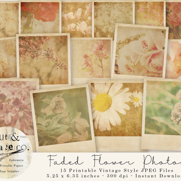 Faded Flower Retro Style Photos, 15 Printable Instant Camera Inspired Floral Photographs for Junk Journals, Collage Art, Scrapbooking