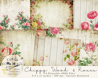 Chippy WOOD & ROSES Shabby Junk Journal Paper Kit, 6 Printable JPEG Sheets for Collage Art, Mixed Media, Art Journals, Scrapbooking, Crafts