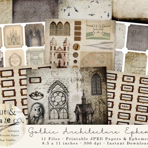Gothic Architecture Ephemera Printable Junk Journal Coordinating Kit, Vintage Inspired Papers & Fussy Cuts for Collage Art, Art Books, etc.